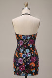 Black Bodycon Halter Backless Floral Short Homecoming Dress with Sequins