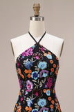 Black Bodycon Halter Backless Floral Short Homecoming Dress with Sequins