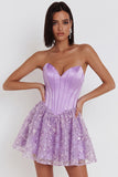 Lilac Corset Sequins Appliques Satin A-Line Strapless Short Homecoming Dress