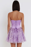 Lilac Corset Sequins Appliques Satin A-Line Strapless Short Homecoming Dress