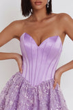 Lilac Corset Sequins Appliques Satin A-Line Strapless Short Homecoming Dress