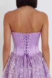 Lilac Corset Sequins Appliques Satin A-Line Strapless Short Homecoming Dress