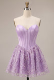 Lilac Corset Sequins Appliques Satin A-Line Strapless Short Homecoming Dress