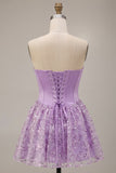 Lilac Corset Sequins Appliques Satin A-Line Strapless Short Homecoming Dress