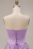 Lilac Corset Sequins Appliques Satin A-Line Strapless Short Homecoming Dress