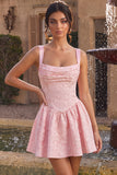 Pink Square Neck Jacquare Basque Waist Thick Straps A-Line Short Homecoming Dress
