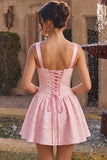 Pink Square Neck Jacquare Basque Waist Thick Straps A-Line Short Homecoming Dress