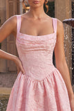Pink Square Neck Jacquare Basque Waist Thick Straps A-Line Short Homecoming Dress
