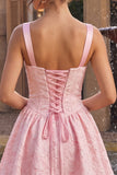 Pink Square Neck Jacquare Basque Waist Thick Straps A-Line Short Homecoming Dress
