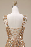 Gold Mirror Sequins Tulle Bodycon Thick Straps Short Homecoming Dress with Side Slit