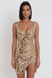 Gold Mirror Sequins Tulle Bodycon Thick Straps Short Homecoming Dress with Side Slit