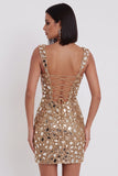Gold Mirror Sequins Tulle Bodycon Thick Straps Short Homecoming Dress with Side Slit