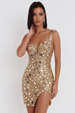 Gold Mirror Sequins Tulle Bodycon Thick Straps Short Homecoming Dress with Side Slit
