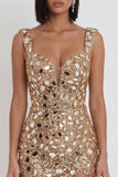 Gold Mirror Sequins Tulle Bodycon Thick Straps Short Homecoming Dress with Side Slit