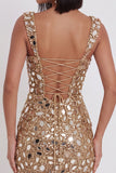 Gold Mirror Sequins Tulle Bodycon Thick Straps Short Homecoming Dress with Side Slit