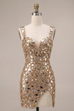 Gold Mirror Sequins Tulle Bodycon Thick Straps Short Homecoming Dress with Side Slit