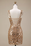 Gold Mirror Sequins Tulle Bodycon Thick Straps Short Homecoming Dress with Side Slit