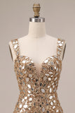 Gold Mirror Sequins Tulle Bodycon Thick Straps Short Homecoming Dress with Side Slit