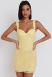Light Yellow Corset Pearls Floral Appliques Thick Straps Bodycon Short Homecoming Dress