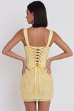 Light Yellow Corset Pearls Floral Appliques Thick Straps Bodycon Short Homecoming Dress