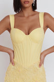 Light Yellow Corset Pearls Floral Appliques Thick Straps Bodycon Short Homecoming Dress