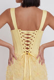 Light Yellow Corset Pearls Floral Appliques Thick Straps Bodycon Short Homecoming Dress