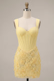 Light Yellow Corset Pearls Floral Appliques Thick Straps Bodycon Short Homecoming Dress