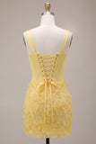 Light Yellow Corset Pearls Floral Appliques Thick Straps Bodycon Short Homecoming Dress