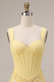 Light Yellow Corset Pearls Floral Appliques Thick Straps Bodycon Short Homecoming Dress
