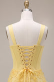 Light Yellow Corset Pearls Floral Appliques Thick Straps Bodycon Short Homecoming Dress