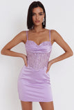 Lilac Satin Beaded Rhinestone Embroidery Ruched Corset Bodycon Short Homecoming Dress
