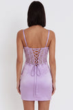 Lilac Satin Beaded Rhinestone Embroidery Ruched Corset Bodycon Short Homecoming Dress