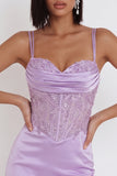 Lilac Satin Beaded Rhinestone Embroidery Ruched Corset Bodycon Short Homecoming Dress
