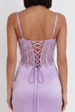 Lilac Satin Beaded Rhinestone Embroidery Ruched Corset Bodycon Short Homecoming Dress