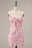 Sparkly Pink Sequins Corset Thick Straps Short Homecoming Dress with Bow