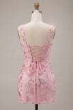 Sparkly Pink Sequins Corset Thick Straps Short Homecoming Dress with Bow