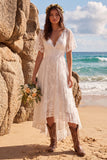 White V-Neck Flutter Sleeves A-Line High-Low Wedding Dress with Lace