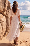 White V-Neck Flutter Sleeves A-Line High-Low Wedding Dress with Lace