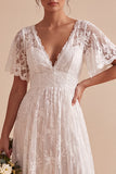 White V-Neck Flutter Sleeves A-Line High-Low Wedding Dress with Lace