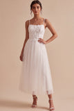 White Floral A-Line Tulle Midi Wedding Dress with Appliques