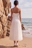 White Floral A-Line Tulle Midi Wedding Dress with Appliques