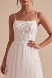 White Floral A-Line Tulle Midi Wedding Dress with Appliques