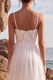 White Floral A-Line Tulle Midi Wedding Dress with Appliques