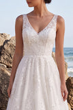 White Floral A-Line V-Neck Embroidered Long Wedding Dress
