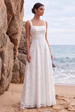 White Sequins Square Neck A-Line Appliqued Long Wedding Dress