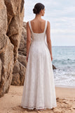 White Sequins Square Neck A-Line Appliqued Long Wedding Dress