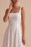 White Sequins Square Neck A-Line Appliqued Long Wedding Dress