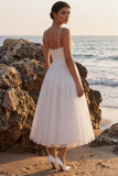 Glitter White A-Line V-Neck Midi Wedding Dress