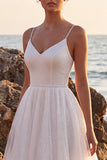 Glitter White A-Line V-Neck Midi Wedding Dress