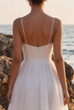 Glitter White A-Line V-Neck Midi Wedding Dress